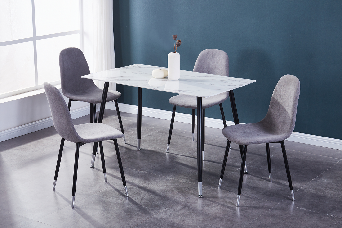 (1580- 1582 GREY- 5)- GLASS- DINING TABLE- WITH 4 CHAIRS