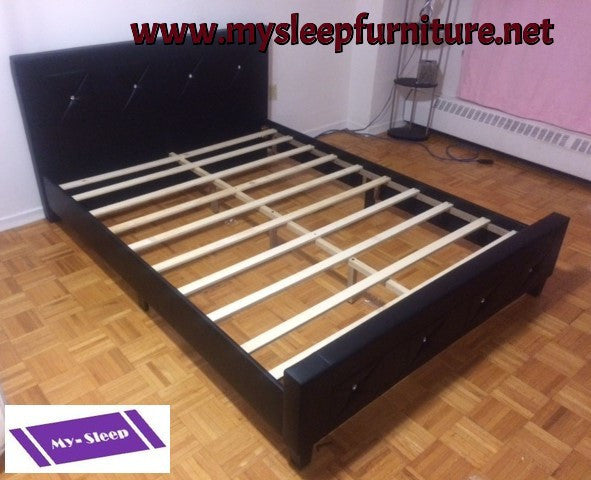 DOUBLE (FULL) SIZE- (177 BLACK)- LEATHER- CRYSTAL TUFTED- BED FRAME