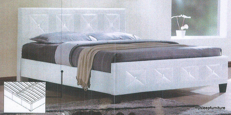 Twin (Single) size- (178 White)- Leather- Crystal tufted- Bed Frame- With slats