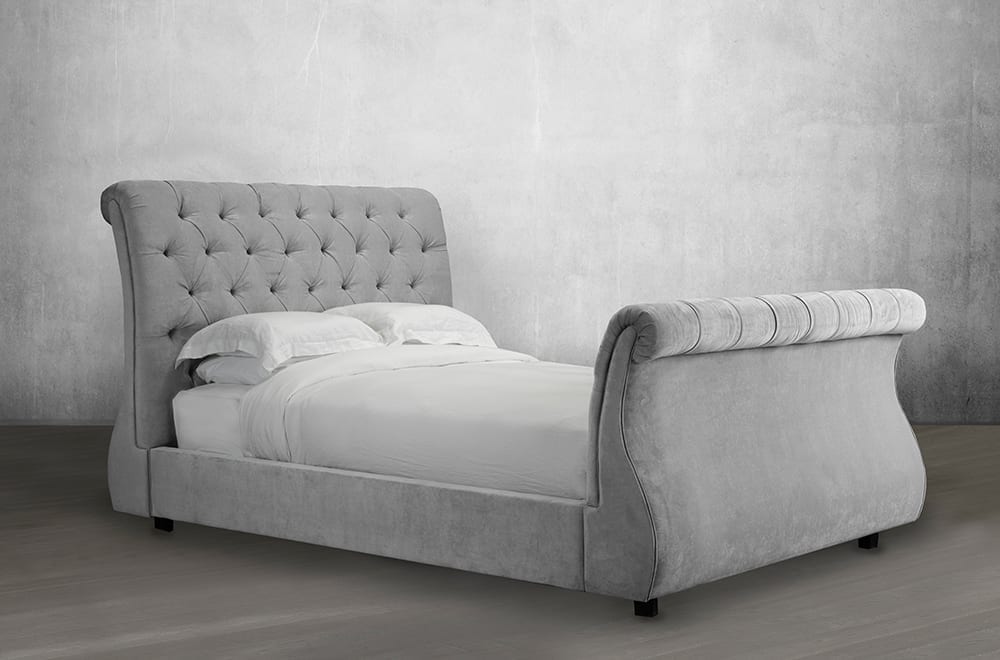 KING SIZE- (187R FABRIC- MANY COLORS)- BUTTON TUFTED- CANADIAN MADE- SLEIGH BED FRAME- WITH SLATS- (DELIVERY AFTER 1.5 MONTHS)