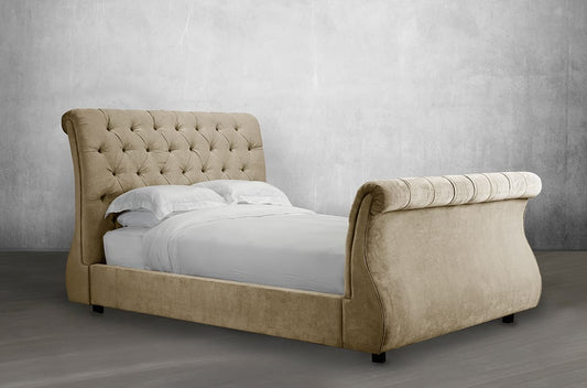 QUEEN SIZE- (187R SAND)- FABRIC- BUTTON TUFTED- CANADIAN MADE- BED FRAME- WITH SLATS- (DELIVERY AFTER 4 weeks)