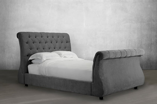 QUEEN SIZE- (187R SLATE GREY)- FABRIC- BUTTON TUFTED- CANADIAN MADE- BED FRAME- WITH SLATS- (DELIVERY AFTER 4 weeks)