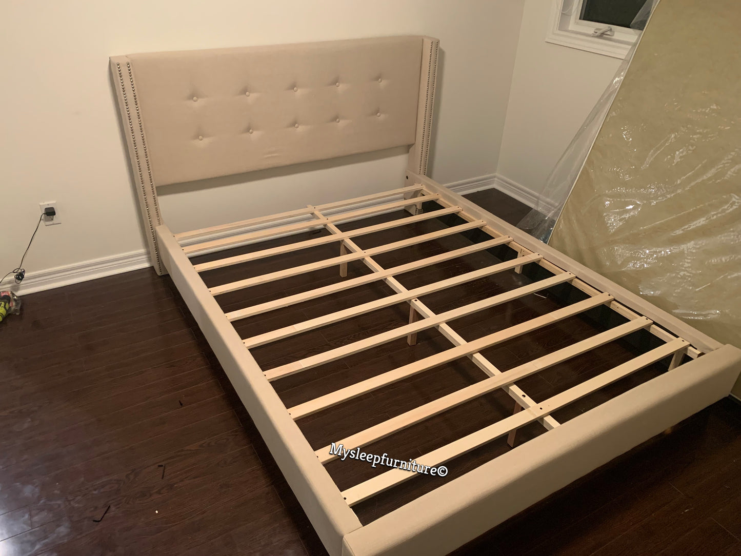 QUEEN SIZE- (188 BEIGE)- FABRIC- BUTTON TUFTED- BED FRAME- WITH SLATS