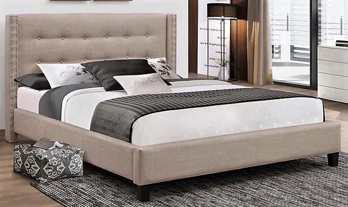 QUEEN SIZE- (188 BEIGE)- FABRIC- BUTTON TUFTED- BED FRAME- WITH SLATS
