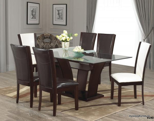 (190 ESPRESSO- 7)- GLASS- DINING TABLE- WITH 6 ESPRESSO CHAIRS