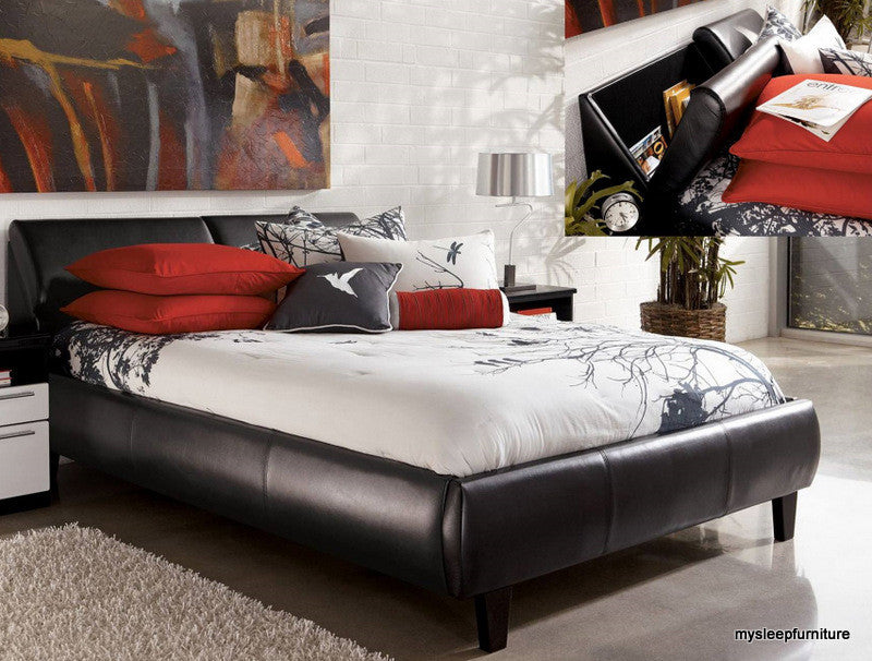 QUEEN SIZE- (IF- 193 BLACK)- LEATHER- BED FRAME- WITH STORAGE HEADBOARD AND SLATS