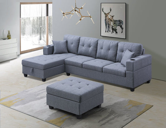 (1942 GREY LHF)- FABRIC- SECTIONAL SOFA- WITH STORAGE- WITH OTTOMAN