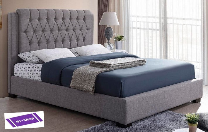 QUEEN SIZE- (196 GREY)- FABRIC- BED FRAME- WITH SLATS- OUT of stock until september 11, 2021