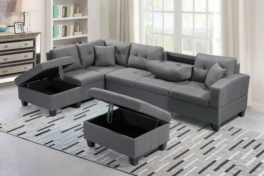 (1982A GREY LHF)- FABRIC SECTIONAL SOFA- WITH STORAGE OTTOMAN