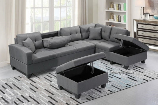 (1982A GREY RHF)- FABRIC SECTIONAL SOFA- WITH STORAGE OTTOMAN