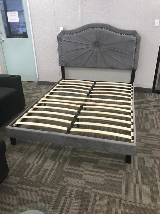 QUEEN SIZE- (VICKO GREY)- VELVET FABRIC- BED FRAME- WITH SLATS