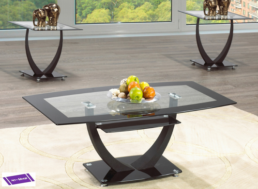 (2007 BLACK- 3)- GLASS- COFFEE TABLE- WITH 2 SIDE TABLES