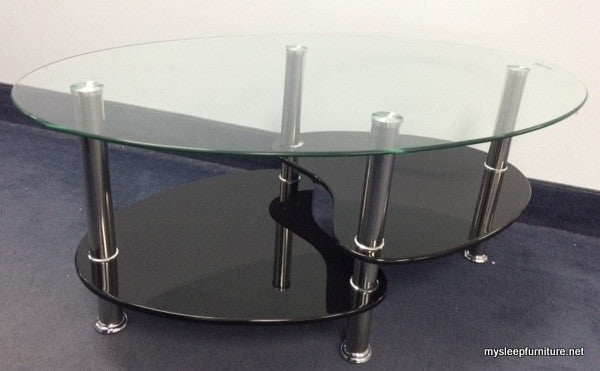 (2009 BLACK)- GLASS COFFEE TABLE- WITH SHELVES- INVENTORY CLEARANCE