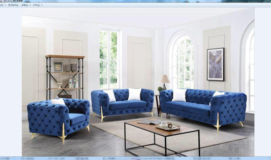 (2011 BLUE SLC)- VELVET FABRIC- BUTTON TUFTED- SOFA + LOVESEAT + CHAIR