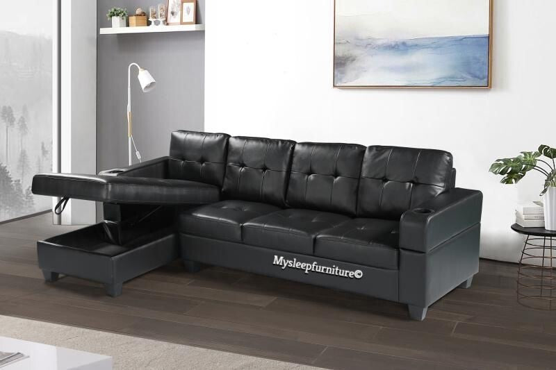 (2017 BLACK LHF)- LEATHER SECTIONAL SOFA- WITH STORAGE