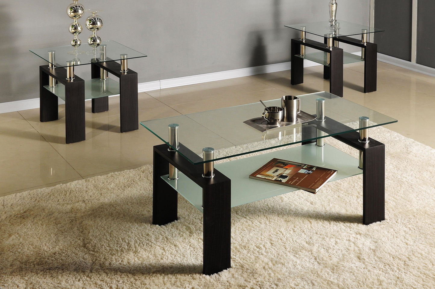 (2048 BROWN- 3)- GLASS COFFEE TABLE- WITH 2 SIDE TABLES