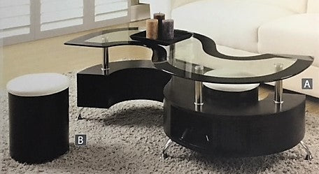 (2050 ESPRESSO)- GLASS- COFFEE TABLE- WITH STORAGE- WITH 2 STOOLS