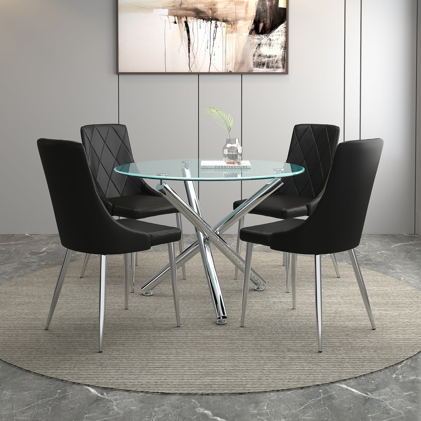 (ALEX- DEVO BLACK- 5) - 47" ROUND - DINING TABLE - WITH 4 CHAIRS