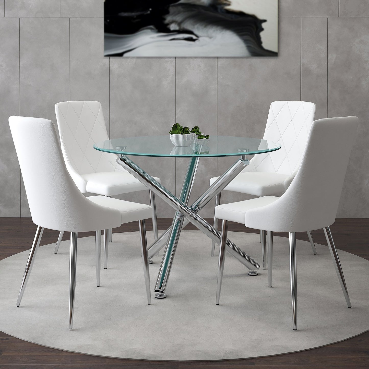 (ALEX- DEVO WHITE- 5) - 47" ROUND - DINING TABLE - WITH 4 CHAIRS