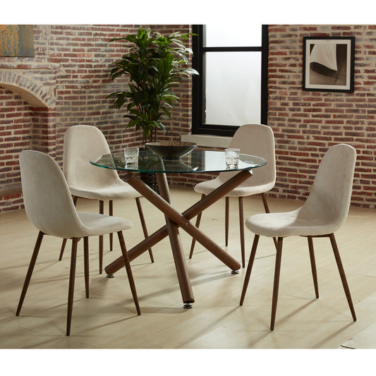 (ROCCA- LYNA BEIGE- 5)- 39" ROUND- GLASS DINING TABLE- WITH 4 CHAIRS