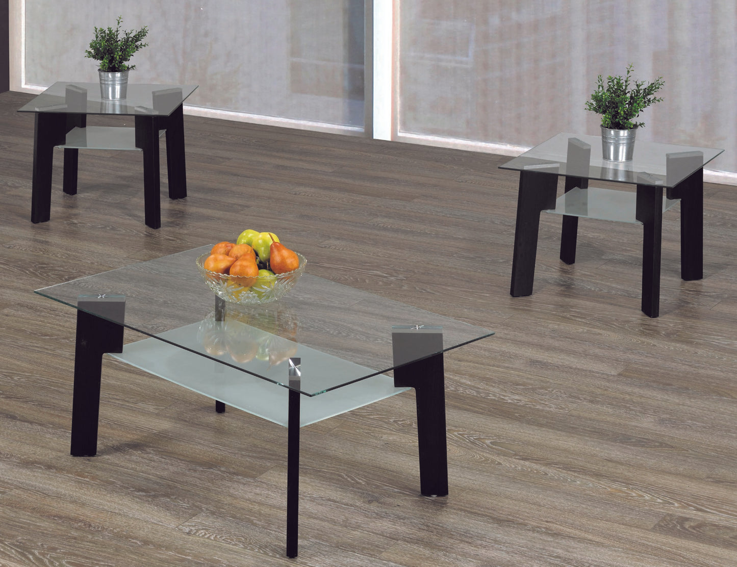 (2082 ESPRESSO- 3)- GLASS COFFEE TABLE- WITH 2 SIDE TABLES