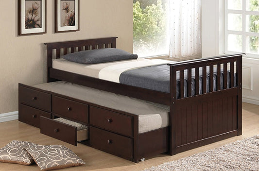 TWIN (SINGLE) SIZE- (2100 ESPRESSO)- WOOD CAPTAIN BED- WITH TRUNDLE
