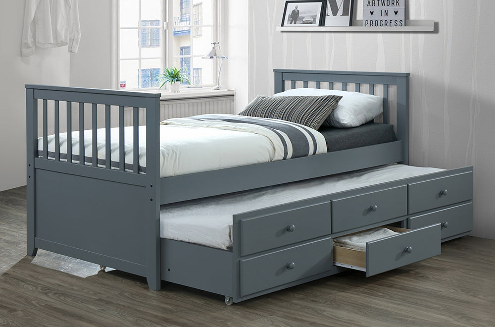 TWIN (SINGLE) SIZE- (2100 GREY)- WOOD CAPTAIN BED- WITH TRUNDLE