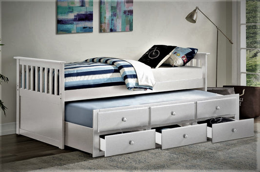 TWIN (SINGLE) SIZE- (2100 WHITE)- WOOD- CAPTAIN BED- WITH TRUNDLE