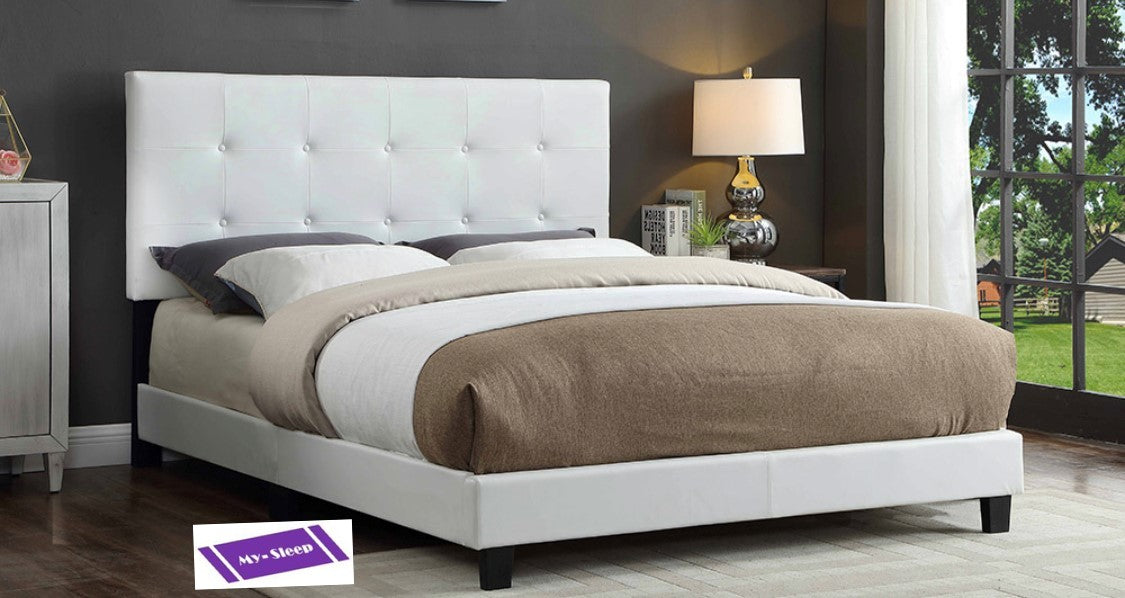 DOUBLE (FULL) SIZE- (2113 WHITE)- LEATHER- BUTTON TUFTED- BED FRAME- (BOX SPRING REQUIRED)