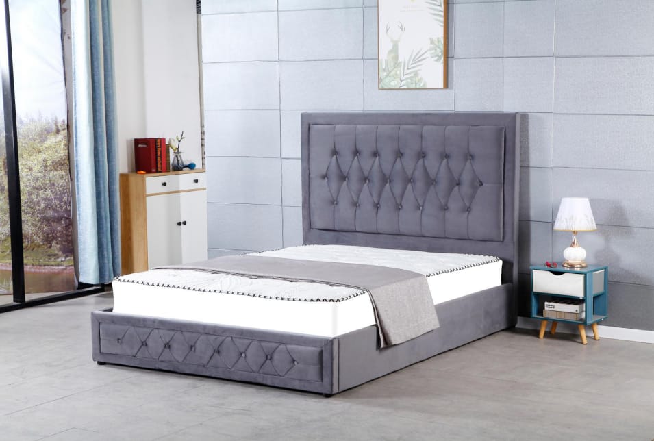 KING SIZE- (2121 GREY)- VELVET FABRIC- BED FRAME- WITH LIFT UP STORAGE