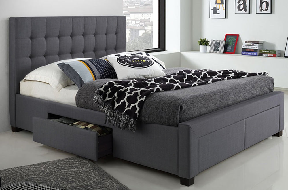 DOUBLE (FULL) SIZE- (2152 GREY)- FABRIC BED FRAME- WITH DRAWERS ON 3 SIDES