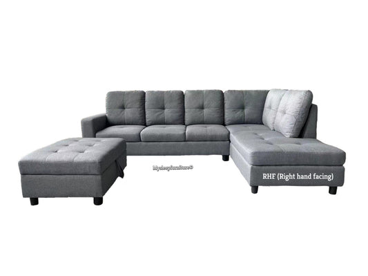 (2208 GREY RHF)- LINEN FABRIC SECTIONAL SOFA- WITH STORAGE OTTOMAN- TEXT OR WHATSAPP 416 319 8851 FOR STOCK AVAILABILITY BEFORE PAYING