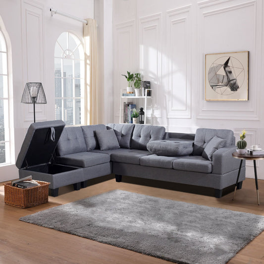 (2211 grey)- 106" LONG- FABRIC- REVERSIBLE- SECTIONAL SOFA- WITH STORAGE AND CUPHOLDERS