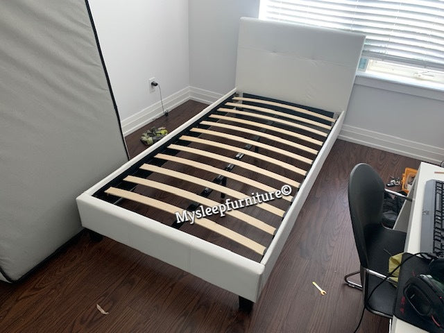 TWIN (SINGLE) SIZE- (2358 WHITE)- LEATHER- BED FRAME- WITH SLATS