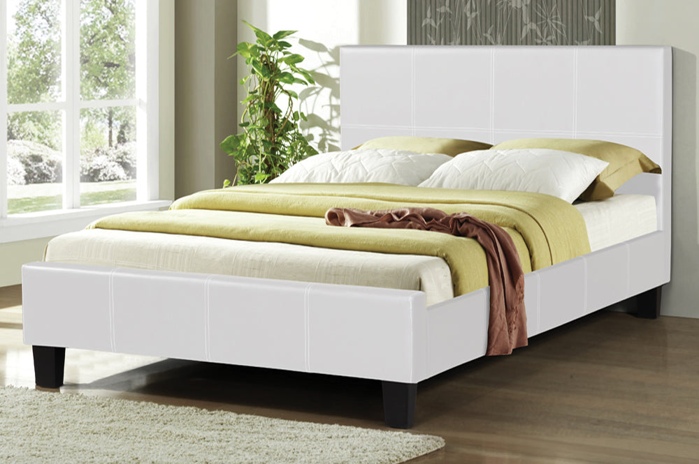 QUEEN SIZE- (2361 WHITE)- LEATHER- BED FRAME- WITH SLATS