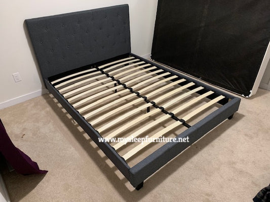 QUEEN SIZE- (2366 DARK GREY)- BUTTON TUFTED- FABRIC BED FRAME- WITH SLATS- INVENTORY CLEARANCE
