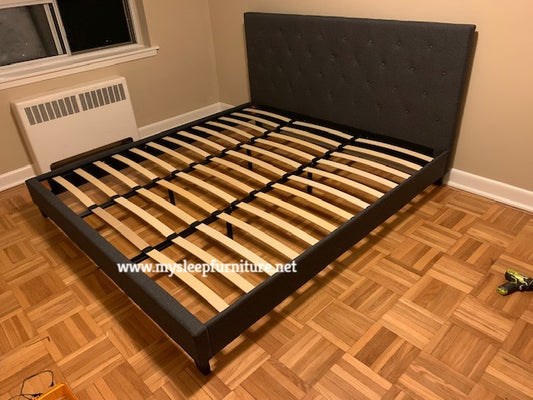 KING SIZE- (2366 DARK GREY)- BUTTON TUFTED- FABRIC BED FRAME- WITH SLATS