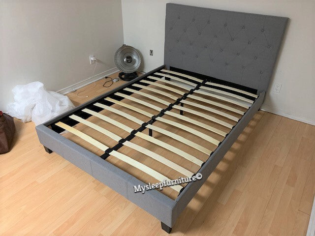 DOUBLE (FULL) SIZE- (2366 LIGHT GREY)- FABRIC- BUTTON TUFTED- BED FRAME- WITH SLATS- INVENTORY CLEARANCE