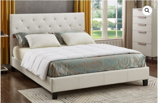 KING SIZE- (2366 WHITE)- LEATHER- CRYSTAL TUFTED- BED FRAME- WITH SLATS- INVENTORY CLEARANCE