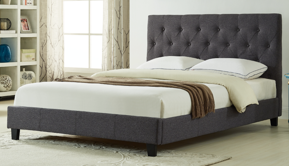 QUEEN SIZE 2366 DARK GREY BUTTON TUFTED FABRIC BED FRAME