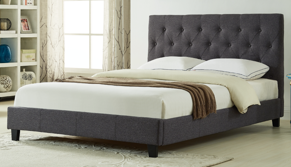 KING SIZE- (2366 DARK GREY)- BUTTON TUFTED- FABRIC BED FRAME- WITH SLATS- INVENTORY CLEARANCE