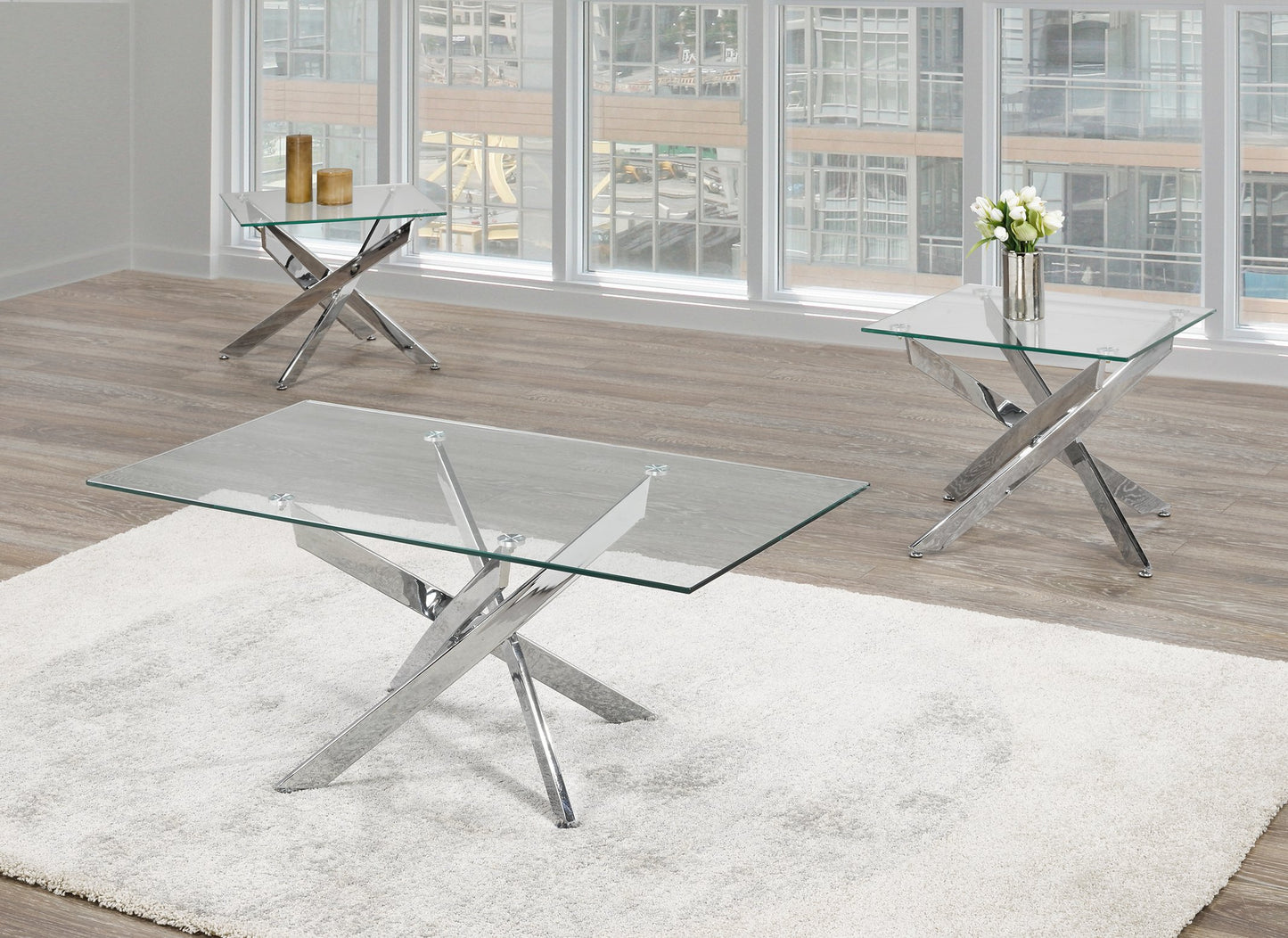 (5005 CHROME- 3)- GLASS COFFEE TABLE- WITH 2 SIDE TABLES