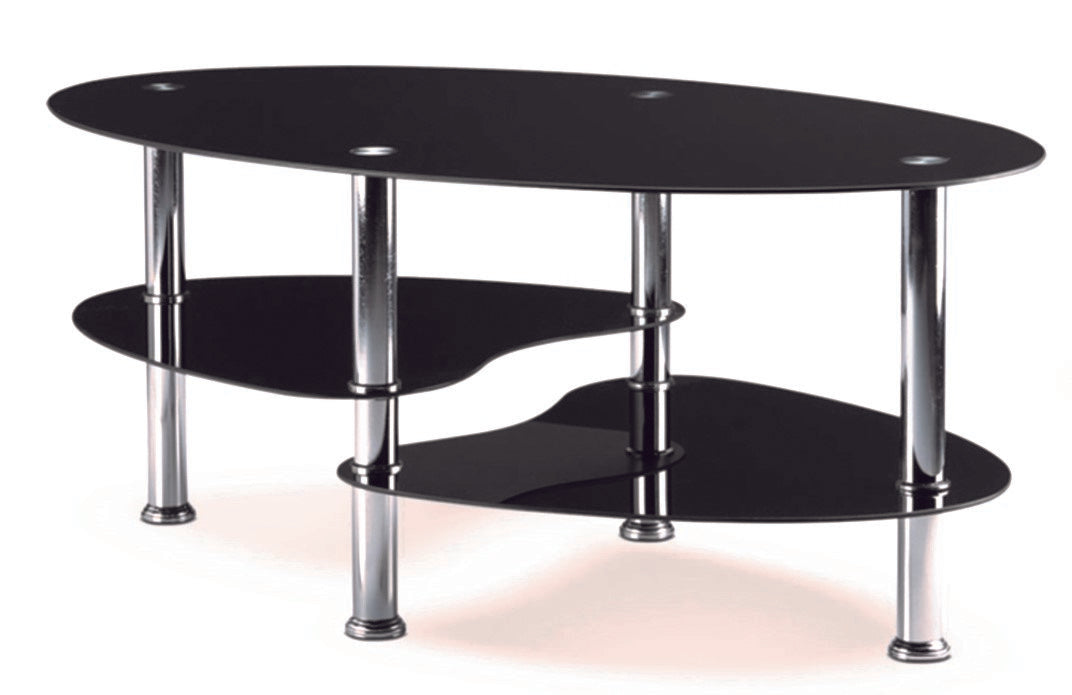 (2600 BLACK- 1)- GLASS COFFEE TABLE- WITH SHELVES- INVENTORY CLEARANCE