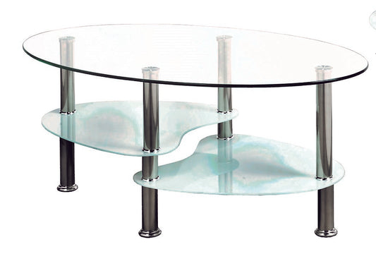 (2605 WHITE- 1)- GLASS COFFEE TABLE- WITH SHELVES- INVENTORY CLEARANCE