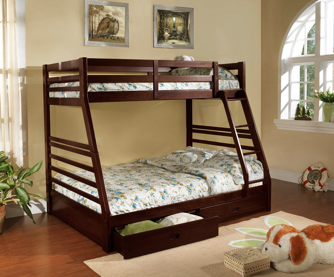 TWIN/ DOUBLE SIZE- (2700 ESPRESSO)- WOOD BUNK BED- WITH DRAWERS