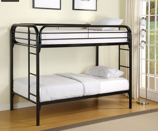 TWIN/ TWIN- (2810 BLACK)- METAL BUNK BED- WITH SLATTED PLATFORM- OUT OF STOCK UNTIL FEBRUARY 17, 2024