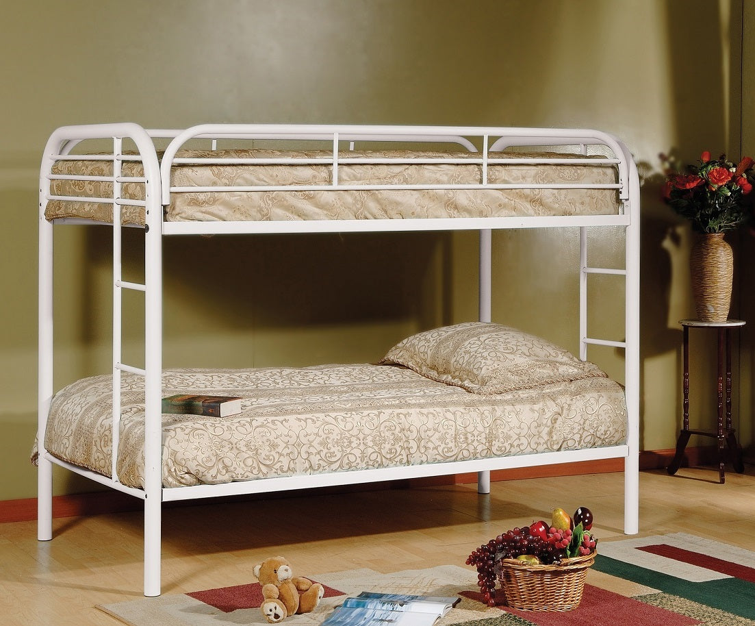 TWIN/ TWIN- (2810 WHITE)- METAL BUNK BED- WITH SLATTED PLATFORM- OUT OF STOCK UNTIL FEBRUARY 17, 2024