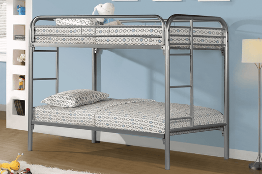 TWIN/ TWIN- (2810 SILVER)- METAL BUNK BED- WITH SLATTED PLATFORM- INVENTORY CLEARANCE