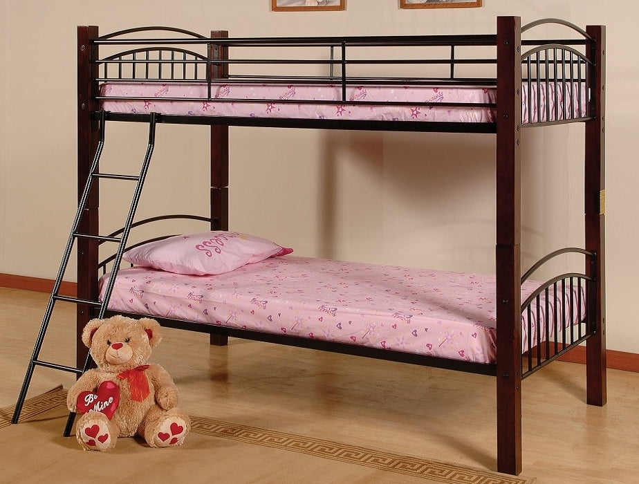 TWIN/ TWIN- (2910 BLACK)- METAL BUNK BED- WITH WOOD POSTS