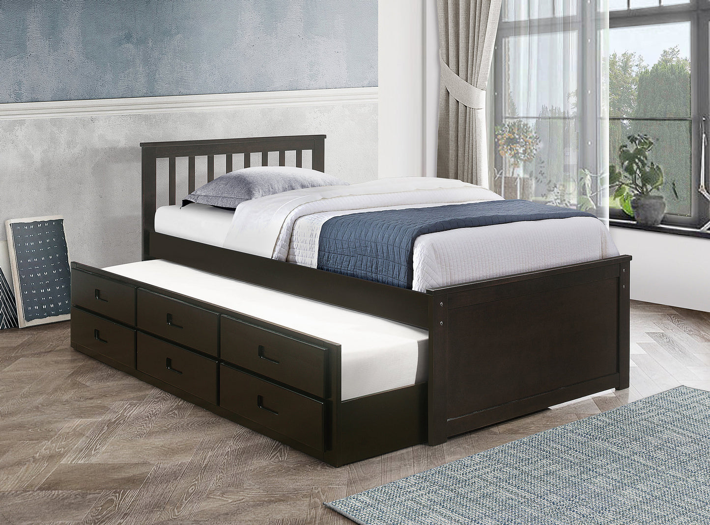 TWIN (SINGLE) SIZE- (300 ESPRESSO)- WOOD BED FRAME- WITH TRUNDLE